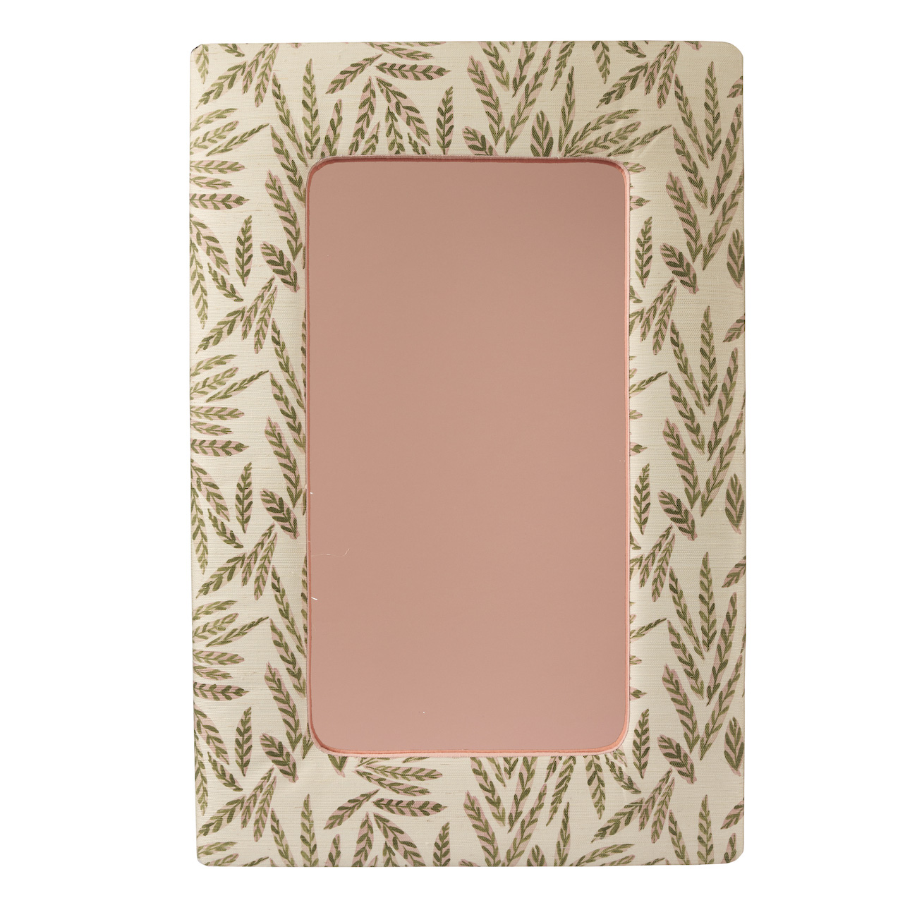 Contemporary Custom Upholstered Mirror in Ferrick Mason Parrish Pink Moss Grasscloth