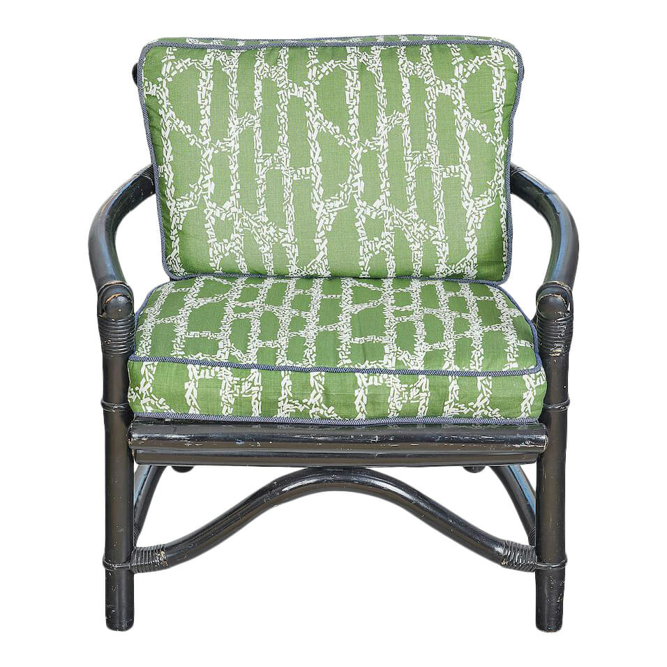 Vintage Bamboo Chair With Ferrick Mason's Espalier Reverse - Hedge Fabric